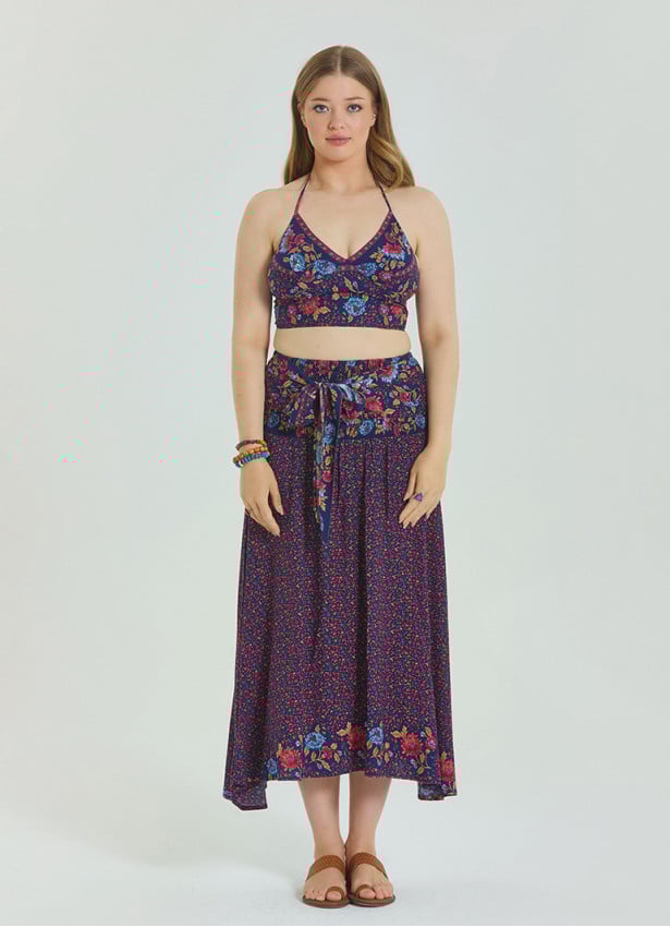 Floral Patterned Loose Asymmetric Plus Size Skirt